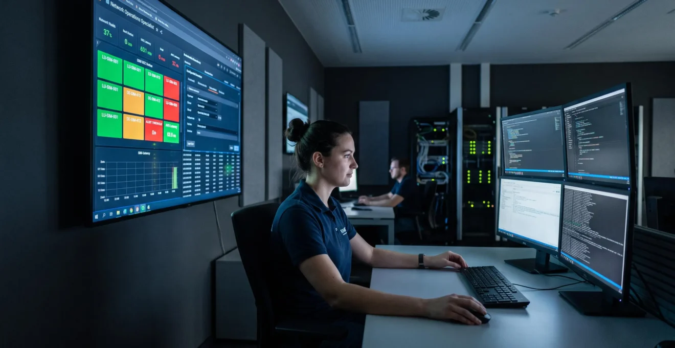 Un spécialiste configure des seuils d'alertes SIM sur un écran dans une salle de supervision.